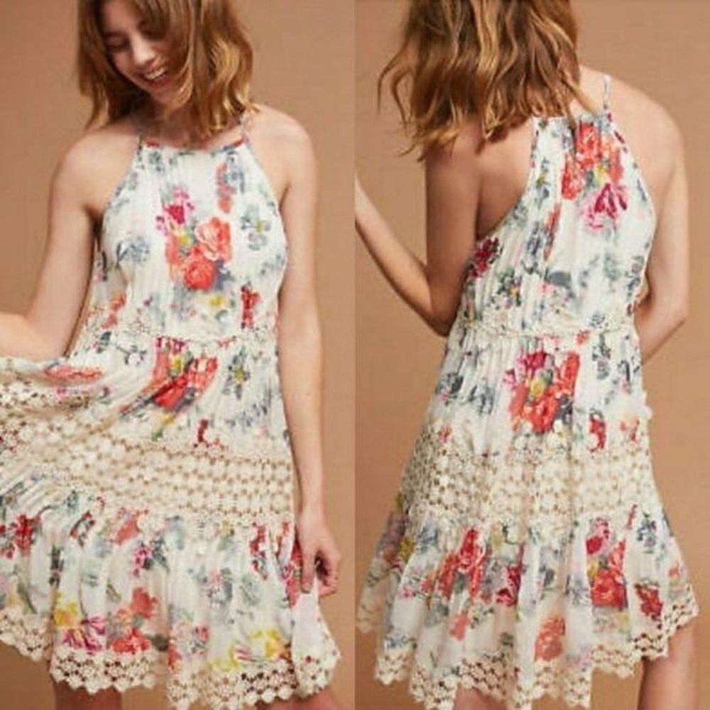 Anthropologie Ranna Gill Dress Kalila Floral Romantic Lace‎ Babydoll Flounce Hem